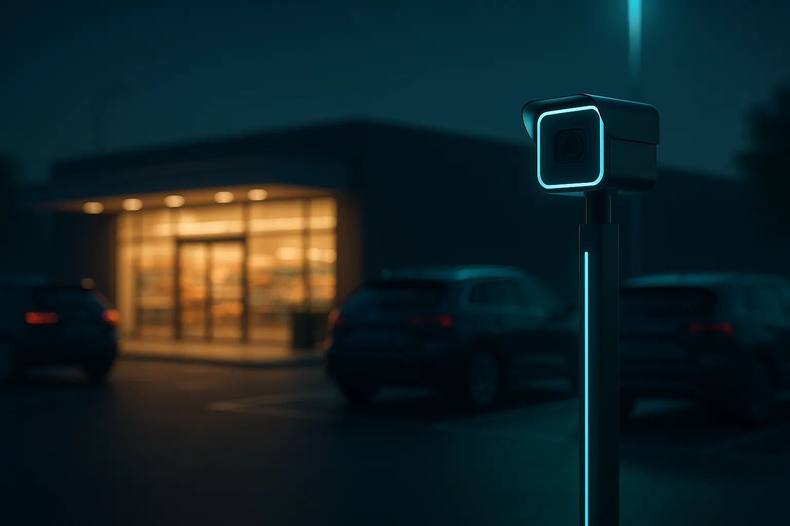 Parkplatz vor einem Hotel bei Dämmerung mit Erkennungskamera
