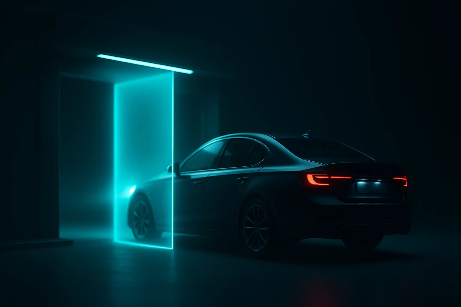 Fahrzeug fährt schrankenlos durch eine Erkennungszone aus Cyan-Lichtscan